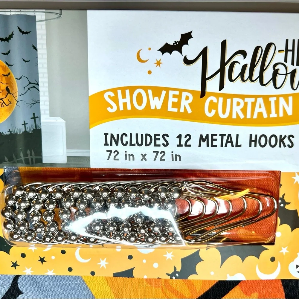 Halloween Harvest Moon Fabric Shower Curtain Metal Hooks Graveyard Ravens Bats - Picture 3 of 8
